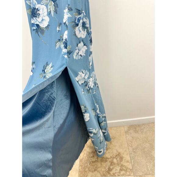 NEW Lulus Feeling Elegant Slate Blue Floral Print Lace Up Slit Maxi Dress Medium - Picture 12 of 12